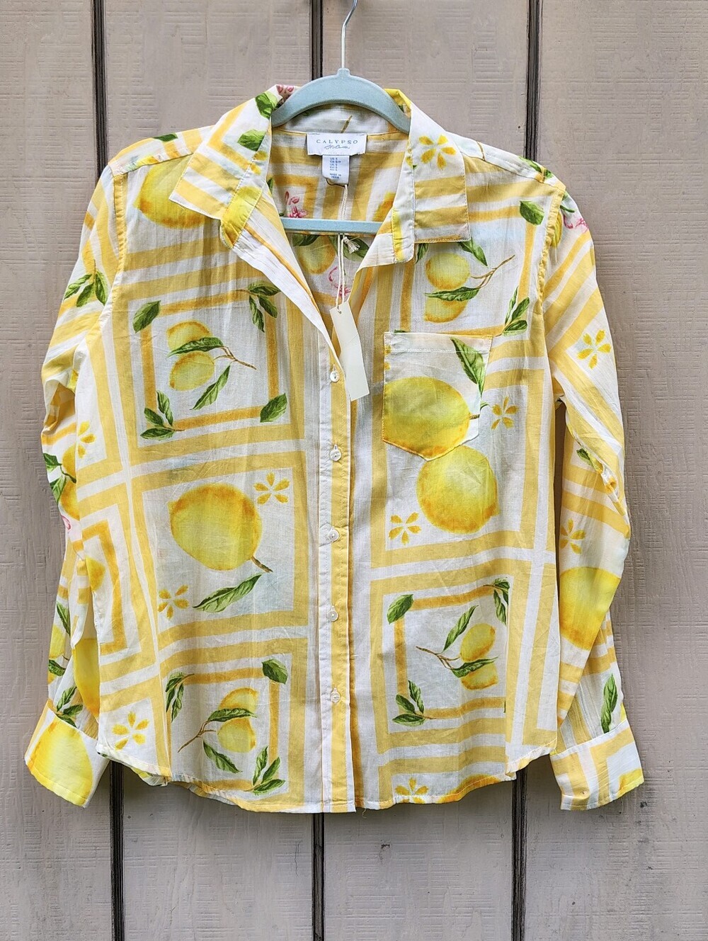 NEW Calypso St. Barth Lemon Print Top 100 % Cotton Button Up Long Sleeve Resort
